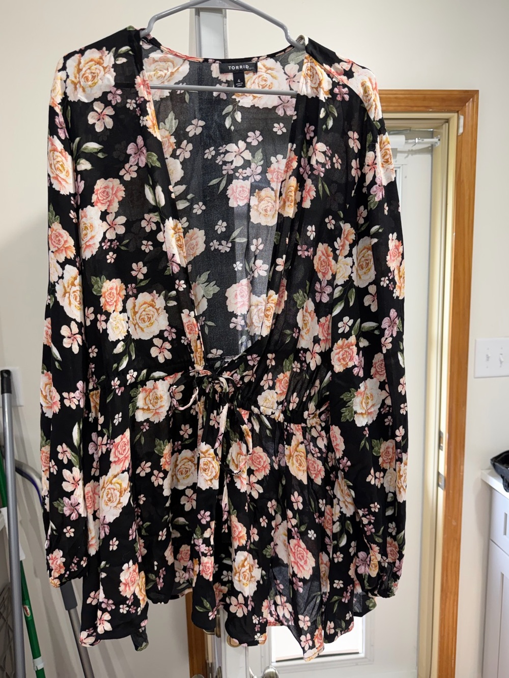 Torrid Black Floral Tie-Front Top with Pink & Cream Roses